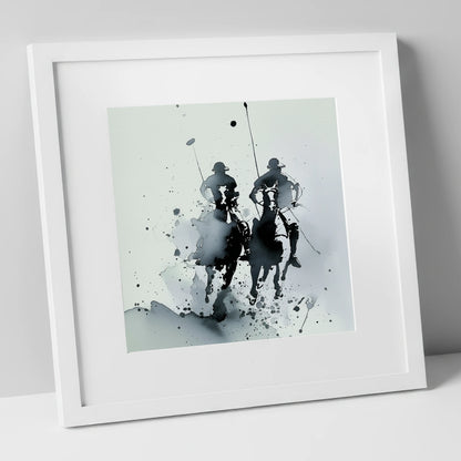 Thundering Polo Pursuit polo horse art print in white frame