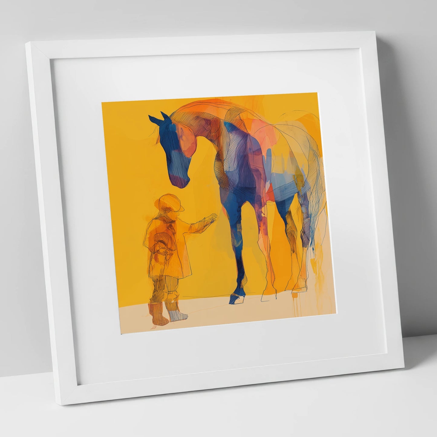 First Encounter in Gold horse & rider art print in white frame