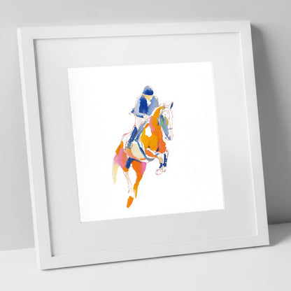Vibrant Leap show jumping horse art print in white frame