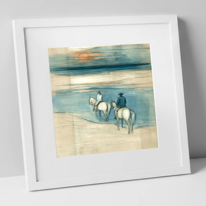 Twilight Shoreline Ride horse landscape art print in white frame