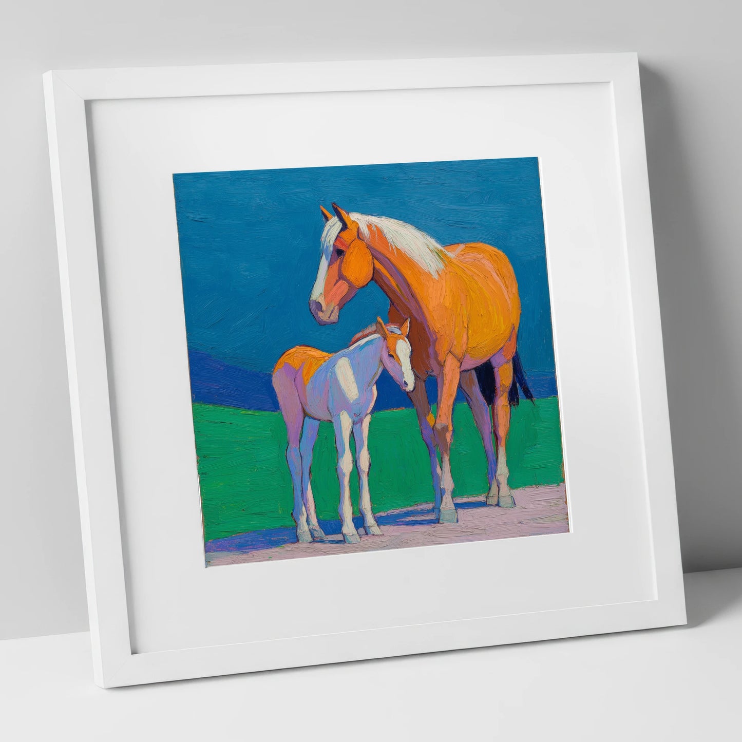 Vivid Summer Bond mare & foal art print in white frame