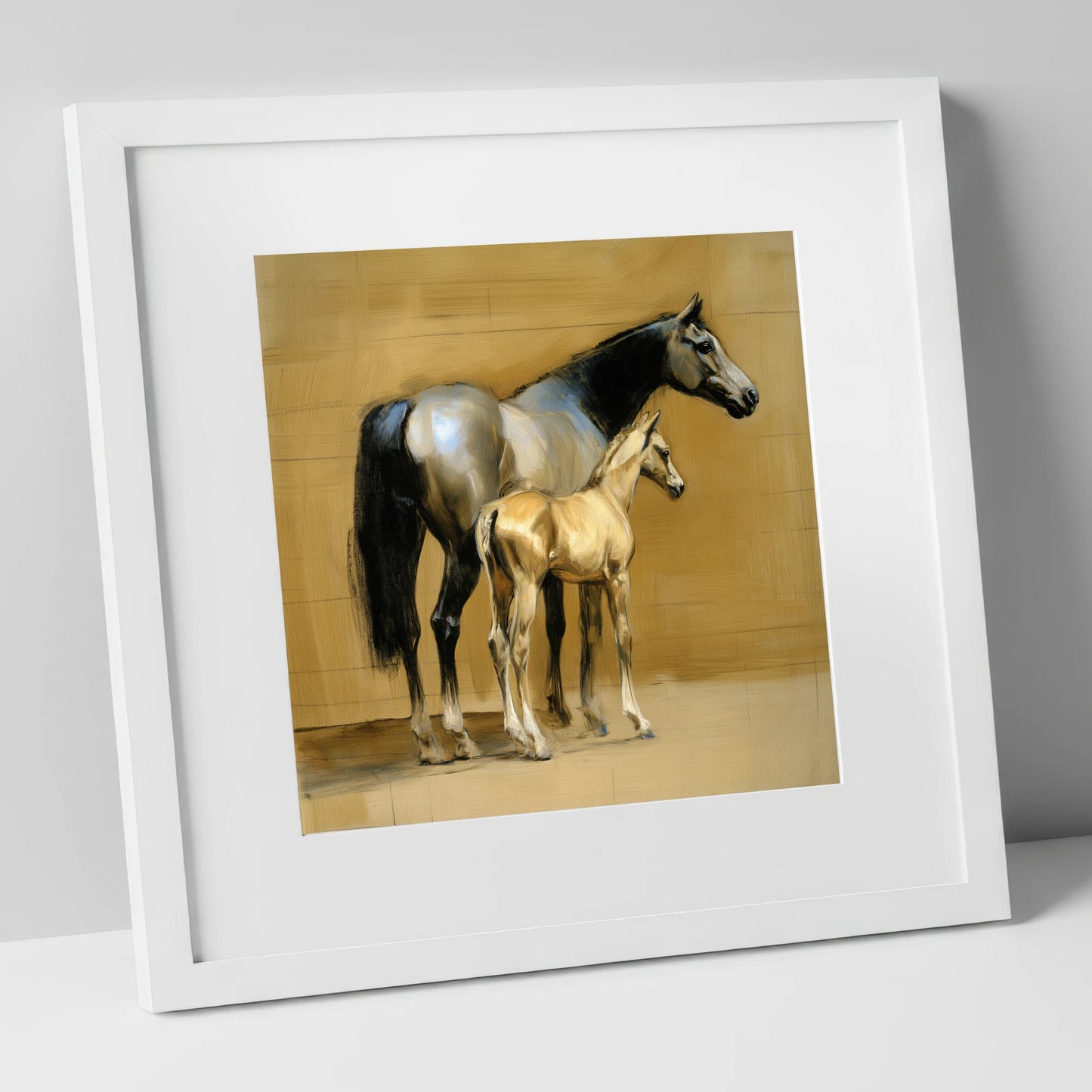 Slate and Gold mare & foal art print in white frame