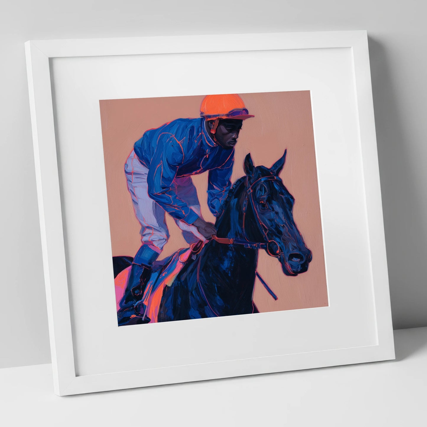 Indigo Charge racing horse art print in white frame