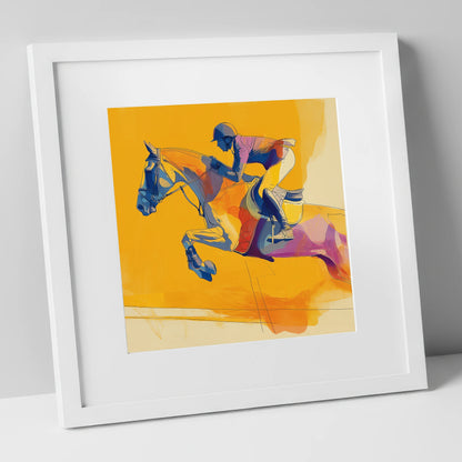 Vivid Golden Flight show jumping horse art print in white frame