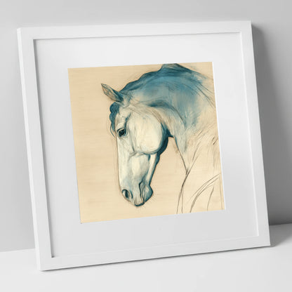 Teal Wash Equine Profile horse portrait art print in white frame