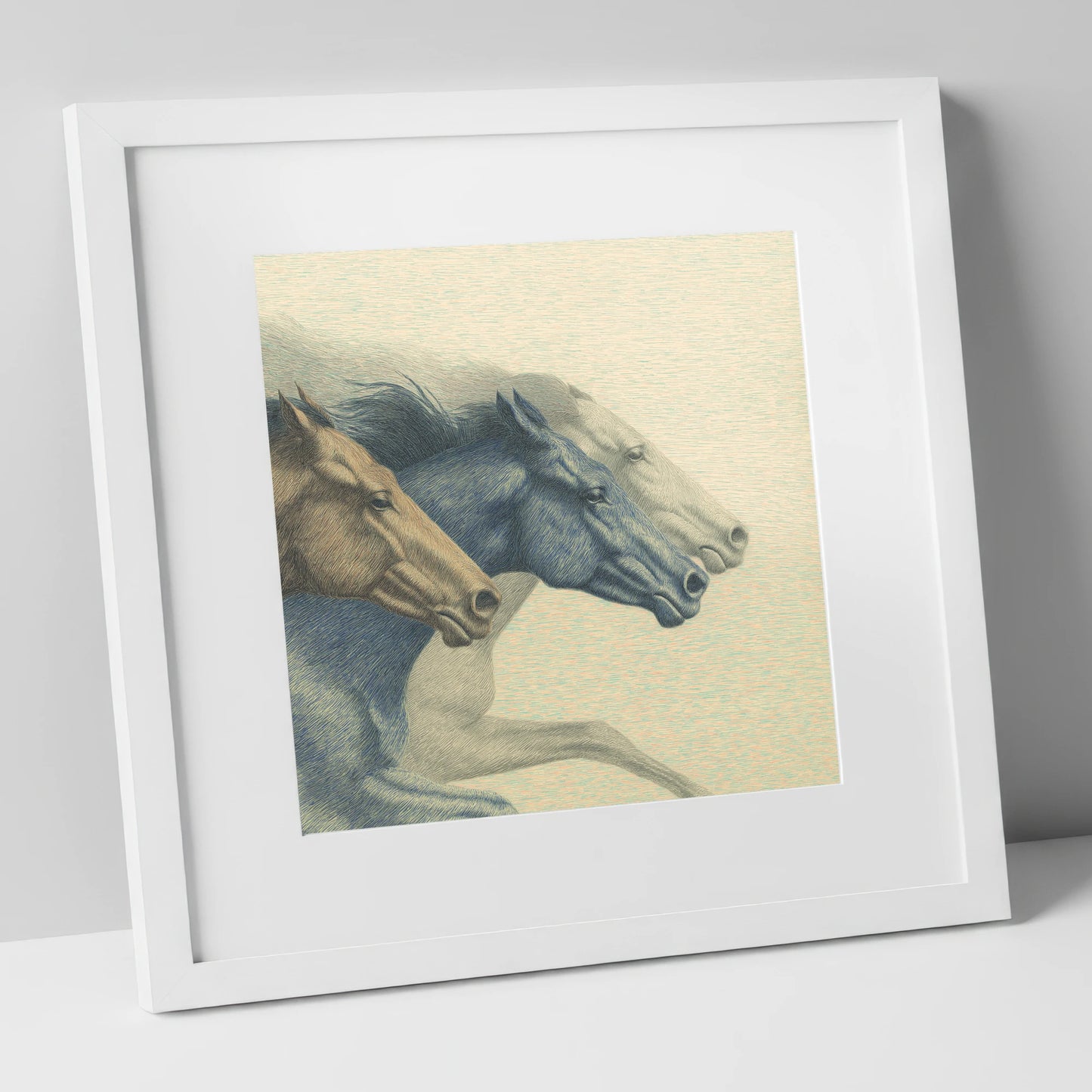 Stride For Stride racing horse art print in white frame