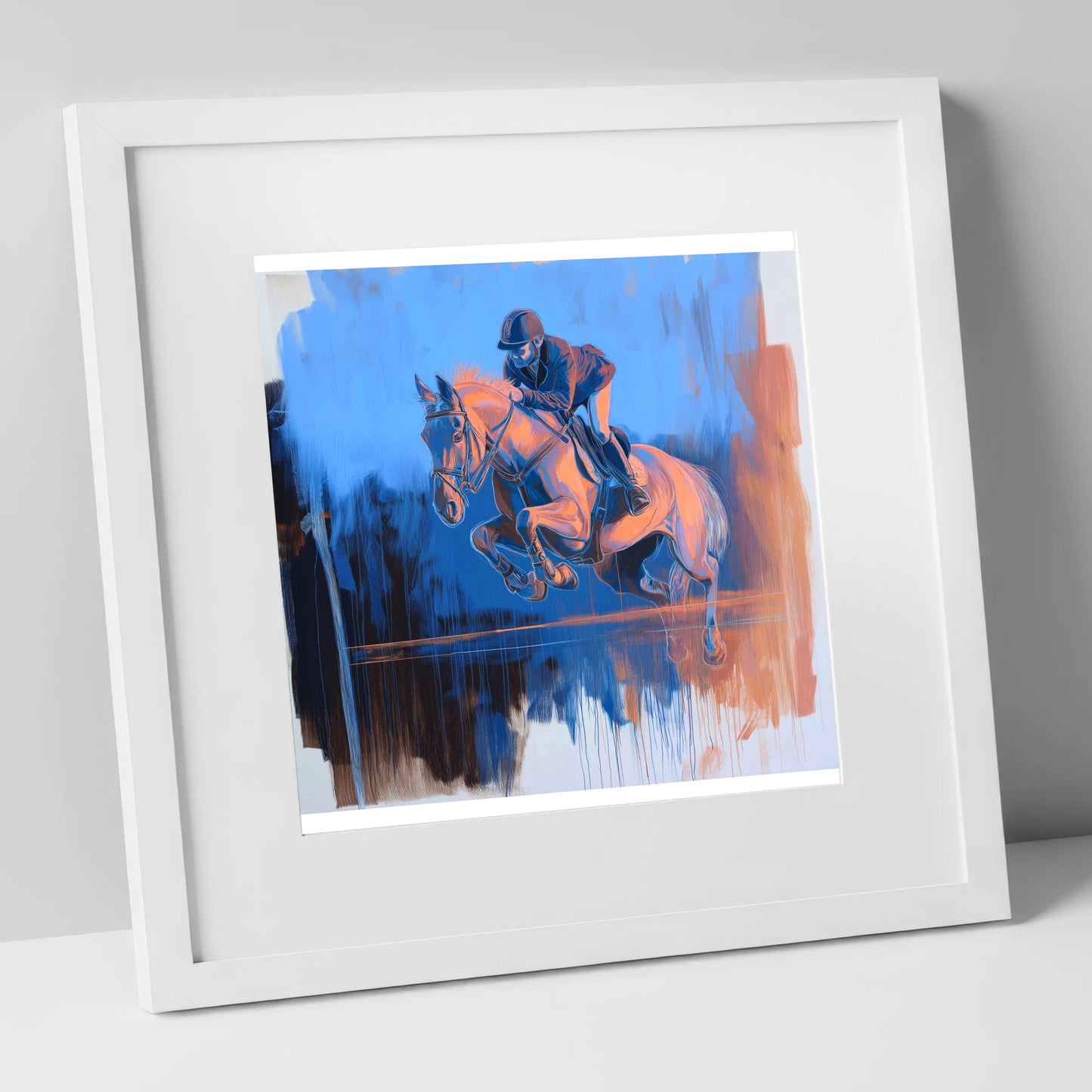 Suspended Over Cobalt show jumping horse art print in white frame