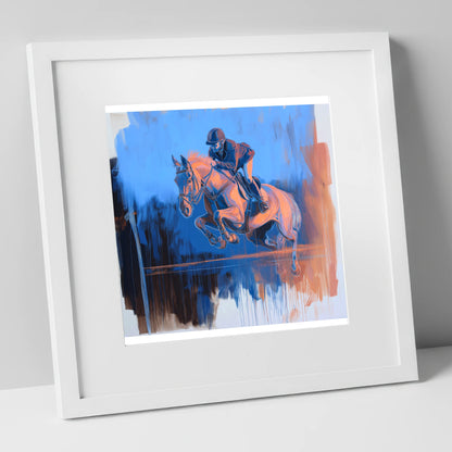 Suspended Over Cobalt show jumping horse art print in white frame