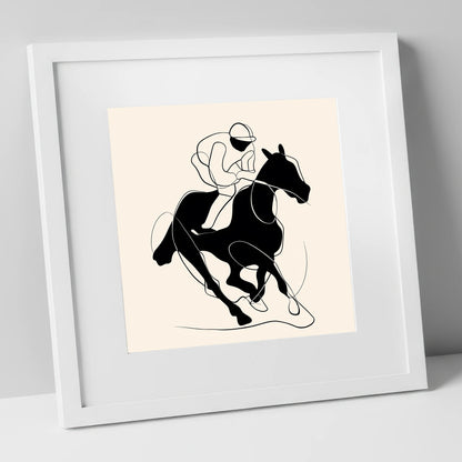Monochrome Gallop racing horse art print in white frame