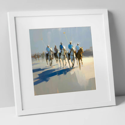 Sunlit Polo Approach polo horse art print in white frame