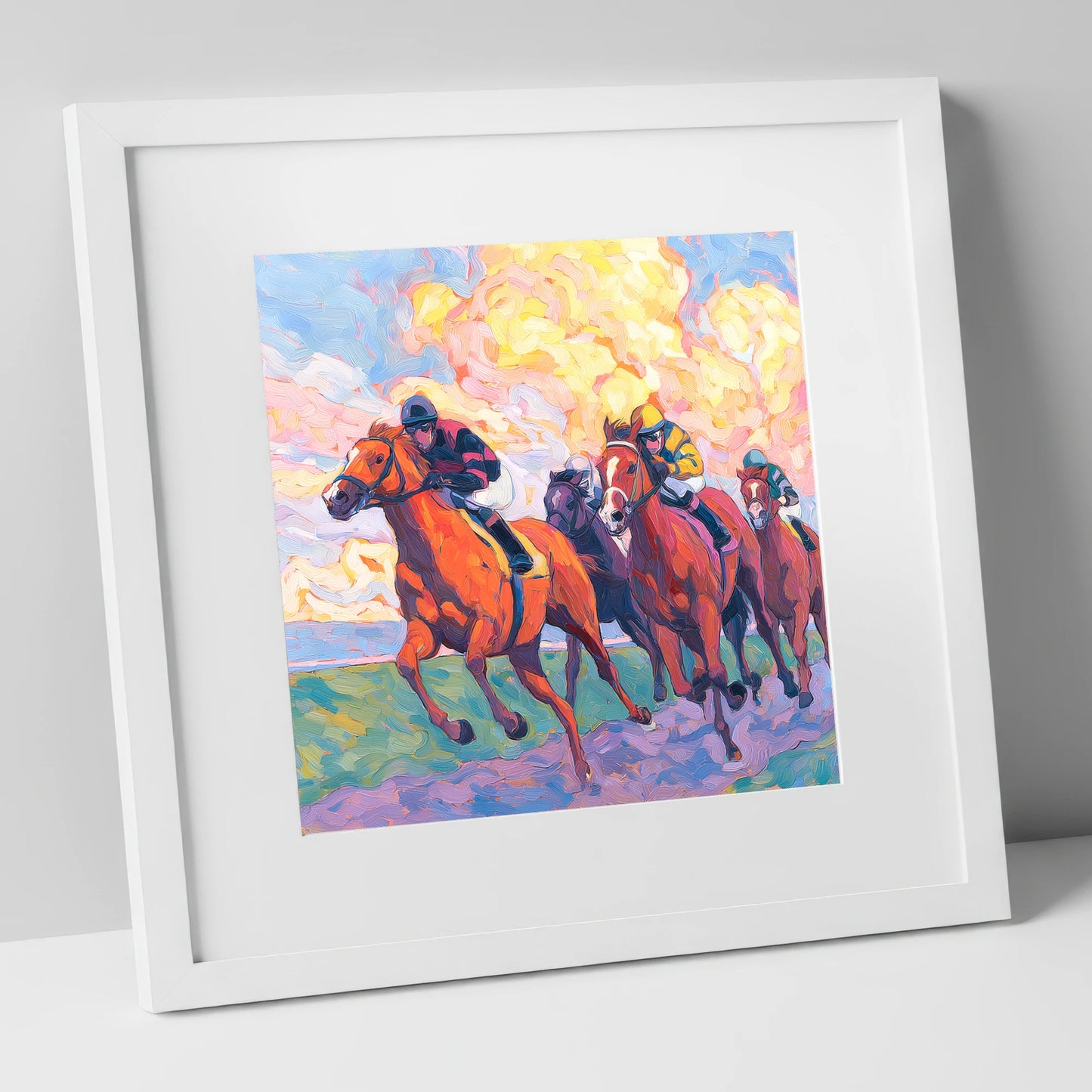 Thundering Sunset racing horse art print in white frame