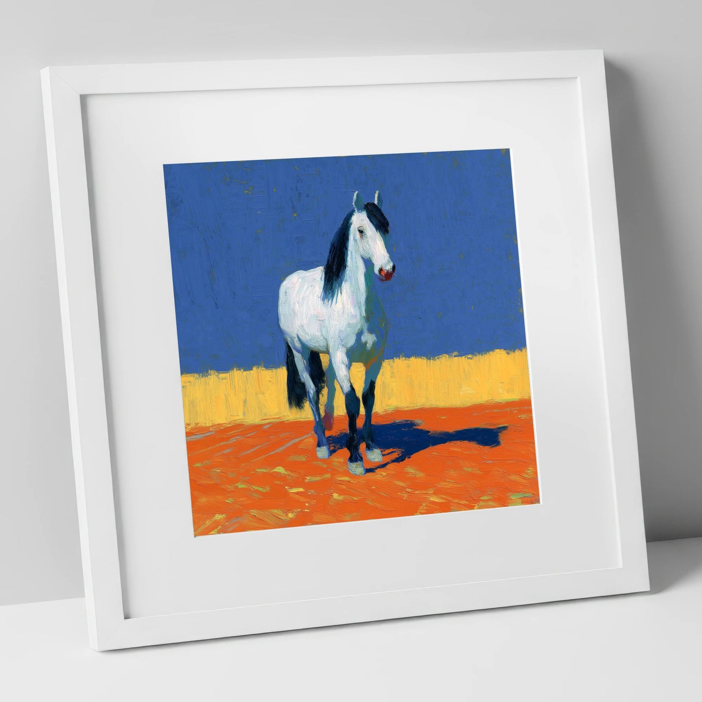 Vivid Horizon Grey horse breed art print in white frame