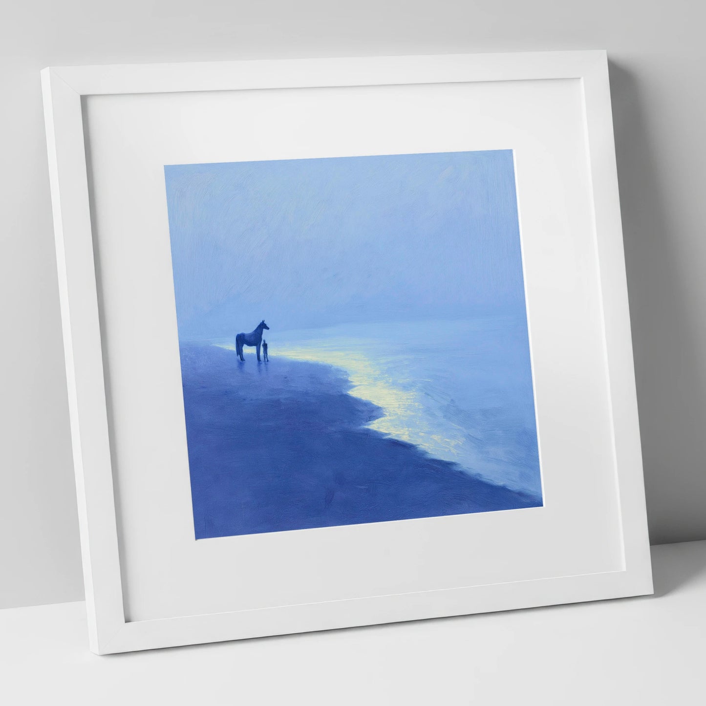 The Indigo Shore horse landscape art print in white frame