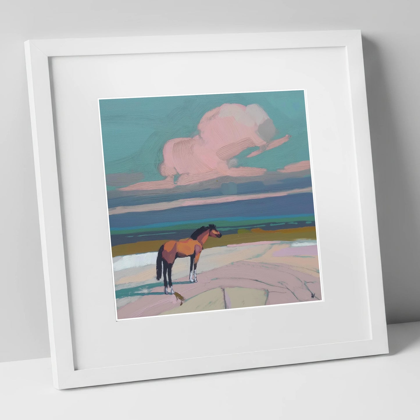 Rose Cloud Horizon horse landscape art print in white frame