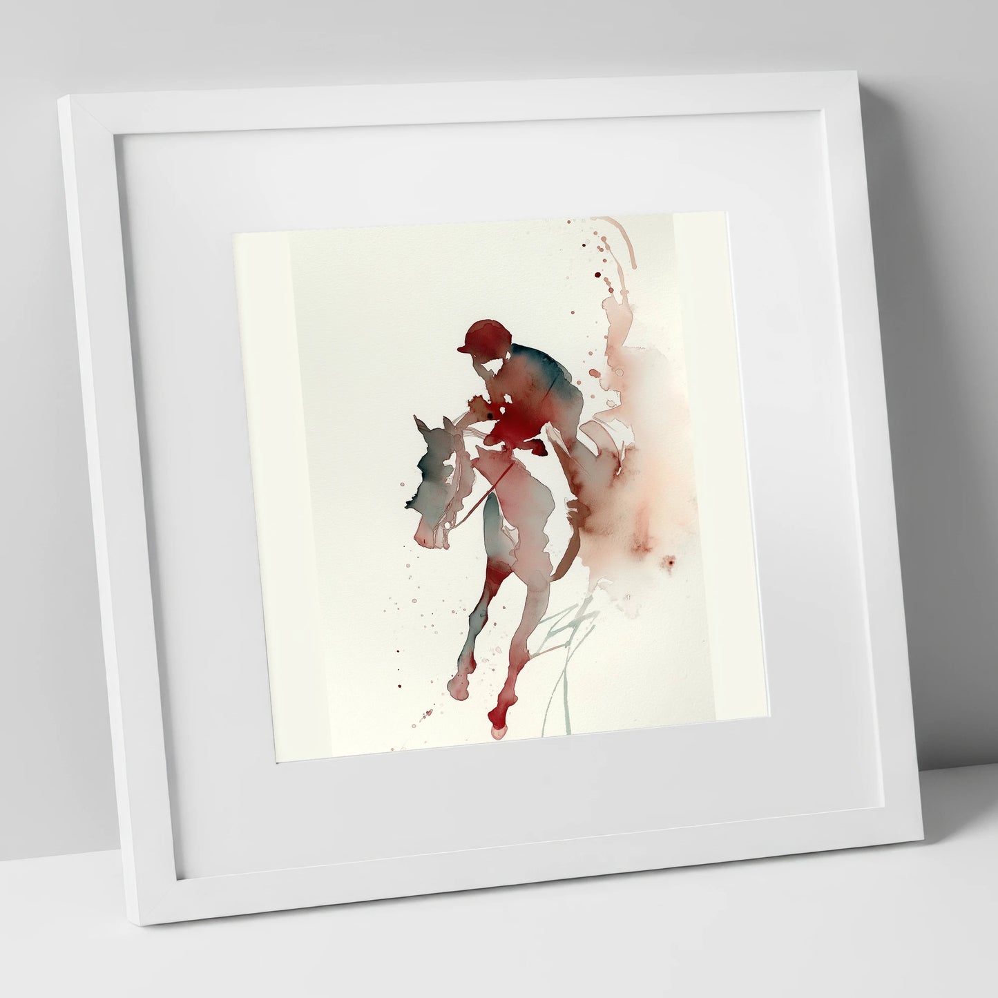 Crimson Gallop racing horse art print in white frame