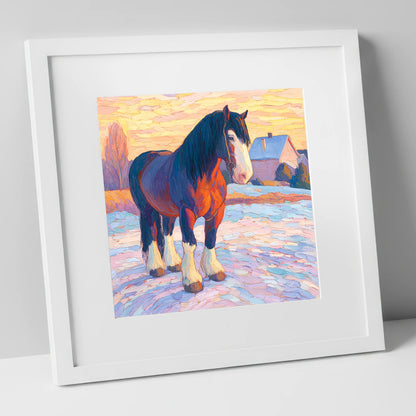 Majestic Winter Shire horse breed art print in white frame