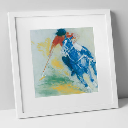 Cerulean Polo Strike polo horse art print in white frame