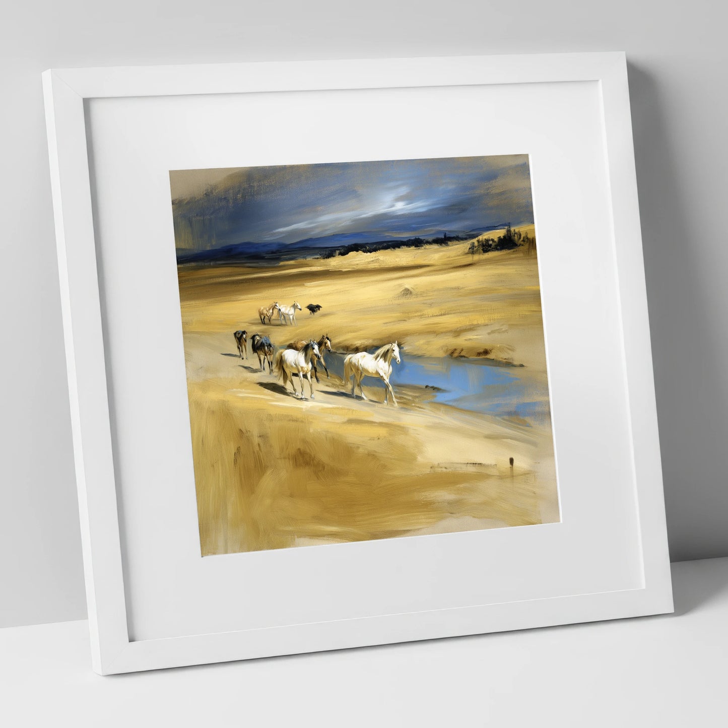 Golden Veldt Crossing horse landscape art print in white frame