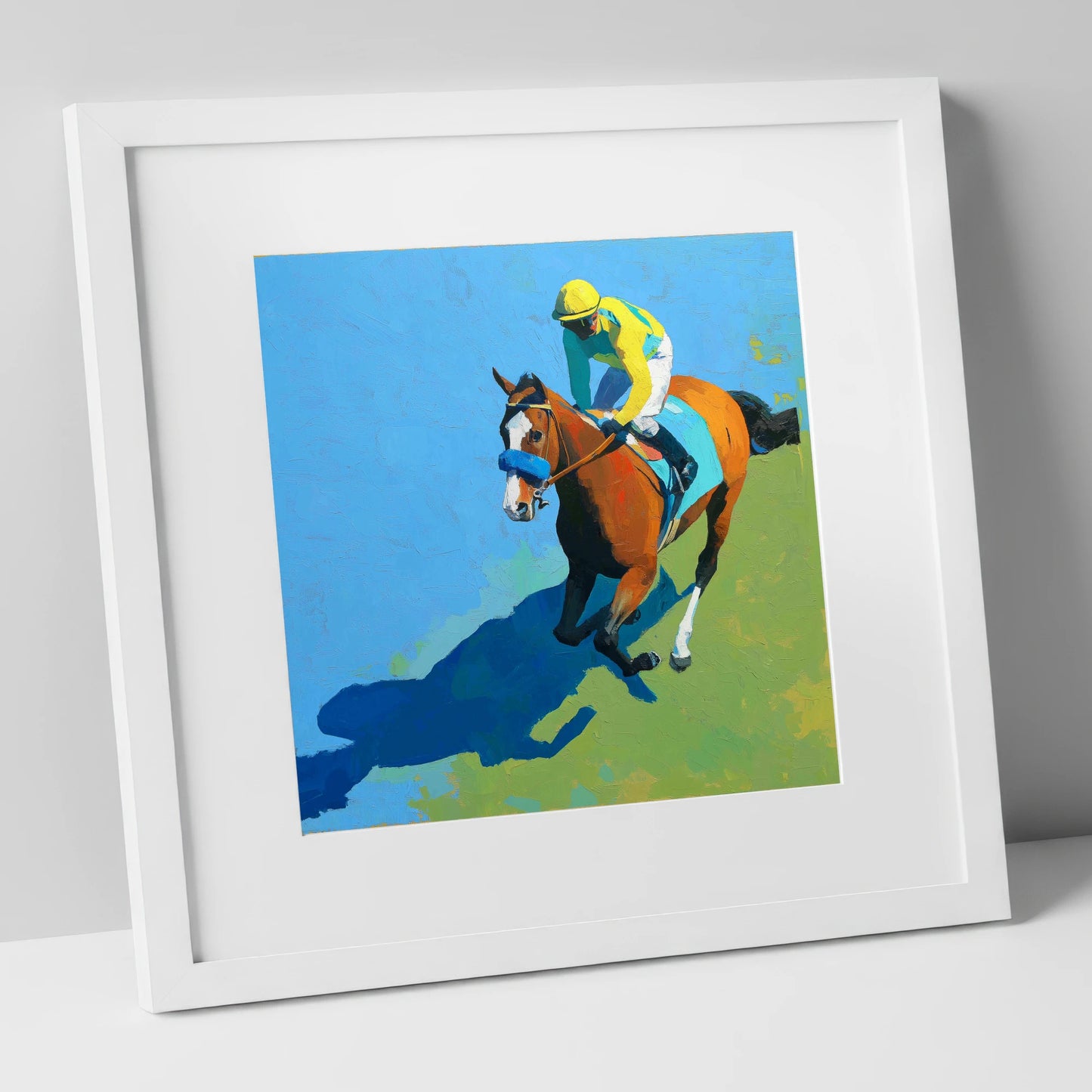 Flight and Shadow racing horse art print in white frame