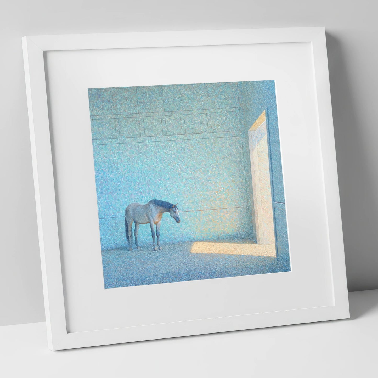 Luminous Grey horse stable art print in white frame