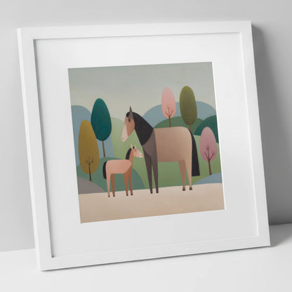 Pastoral Harmony mare & foal art print in white frame