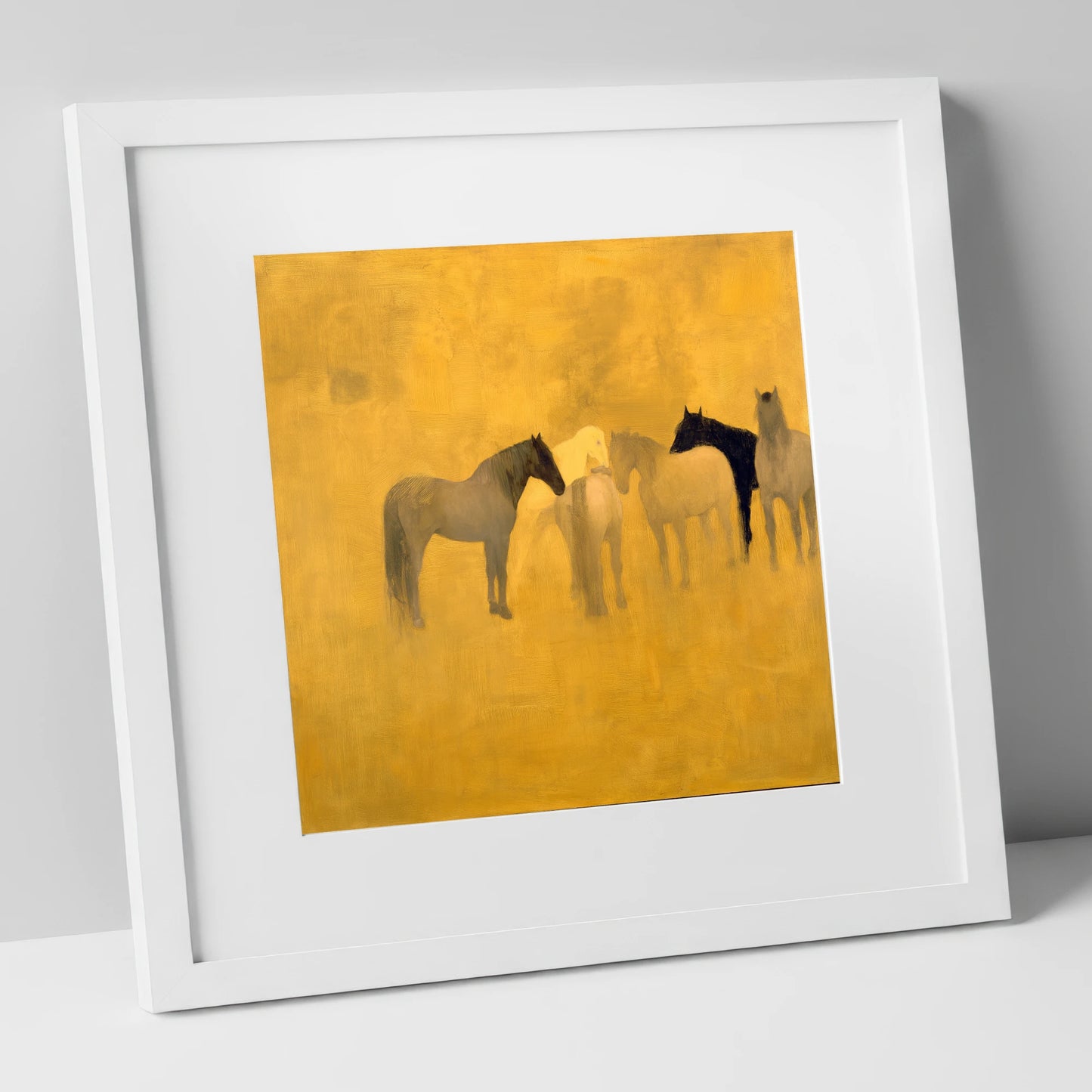 Sunlit Gathering wild horses art print in white frame