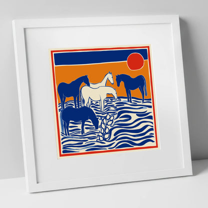 Wild Sapphire Shallows wild horses art print in white frame
