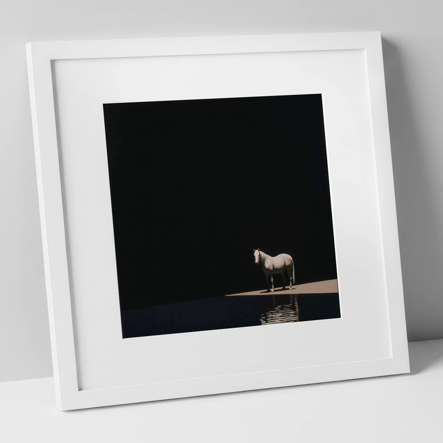 The Luminous Grey horse portrait art print in white frame