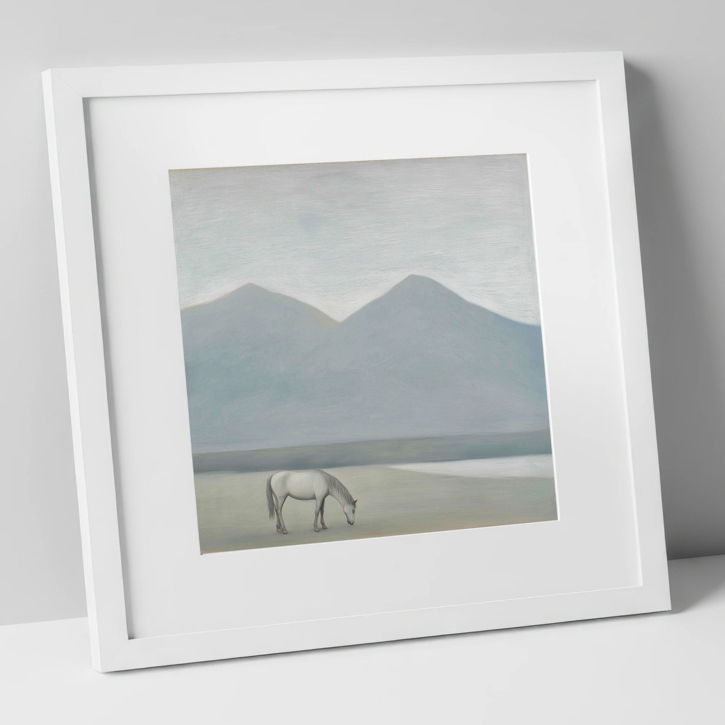 Solitary Mountain Grazing horse landscape art print in white frame
