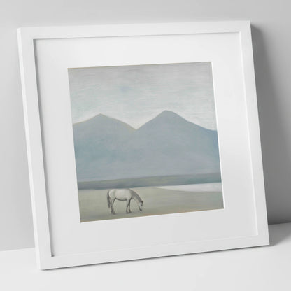 Solitary Mountain Grazing horse landscape art print in white frame