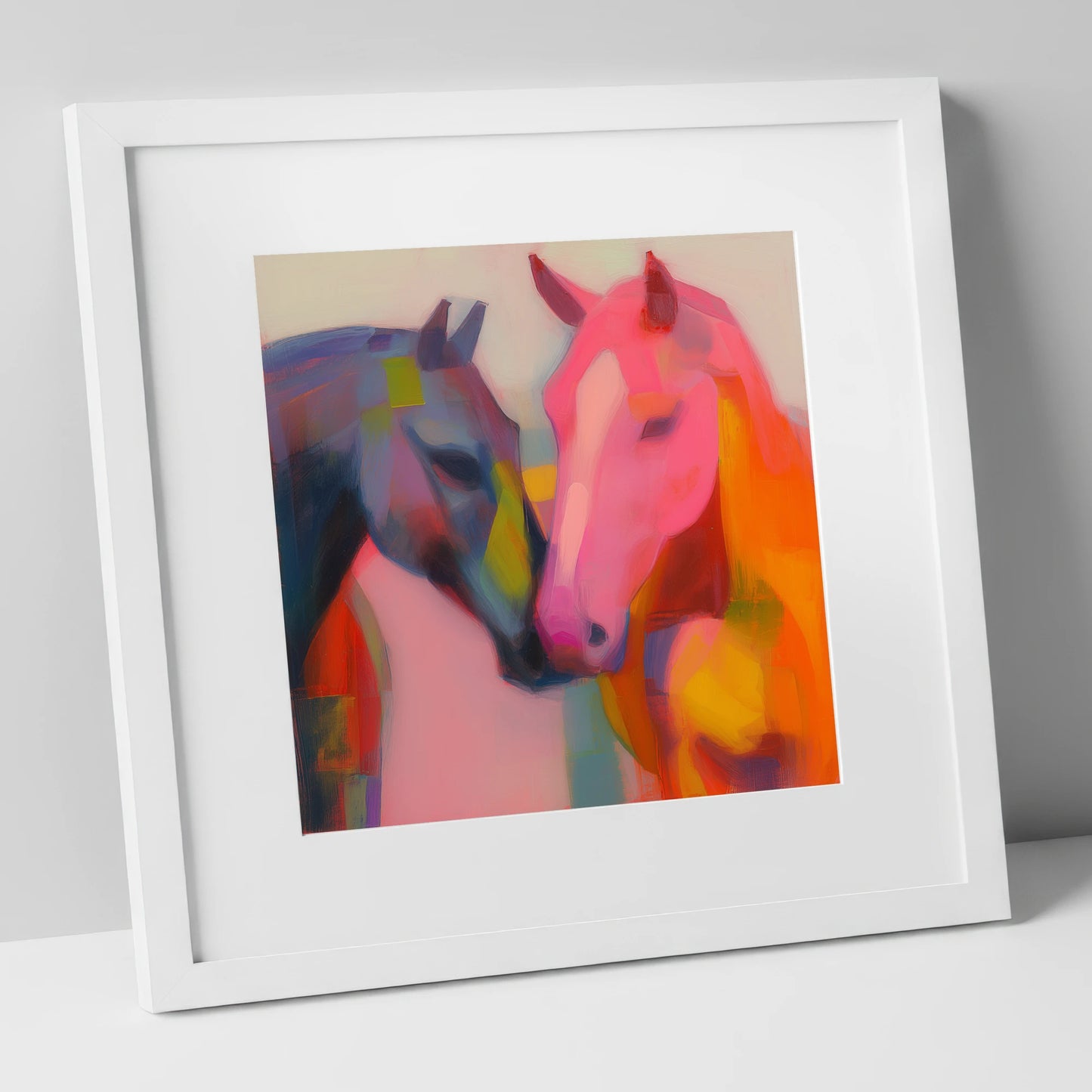 Vibrant Companions horse portrait art print in white frame