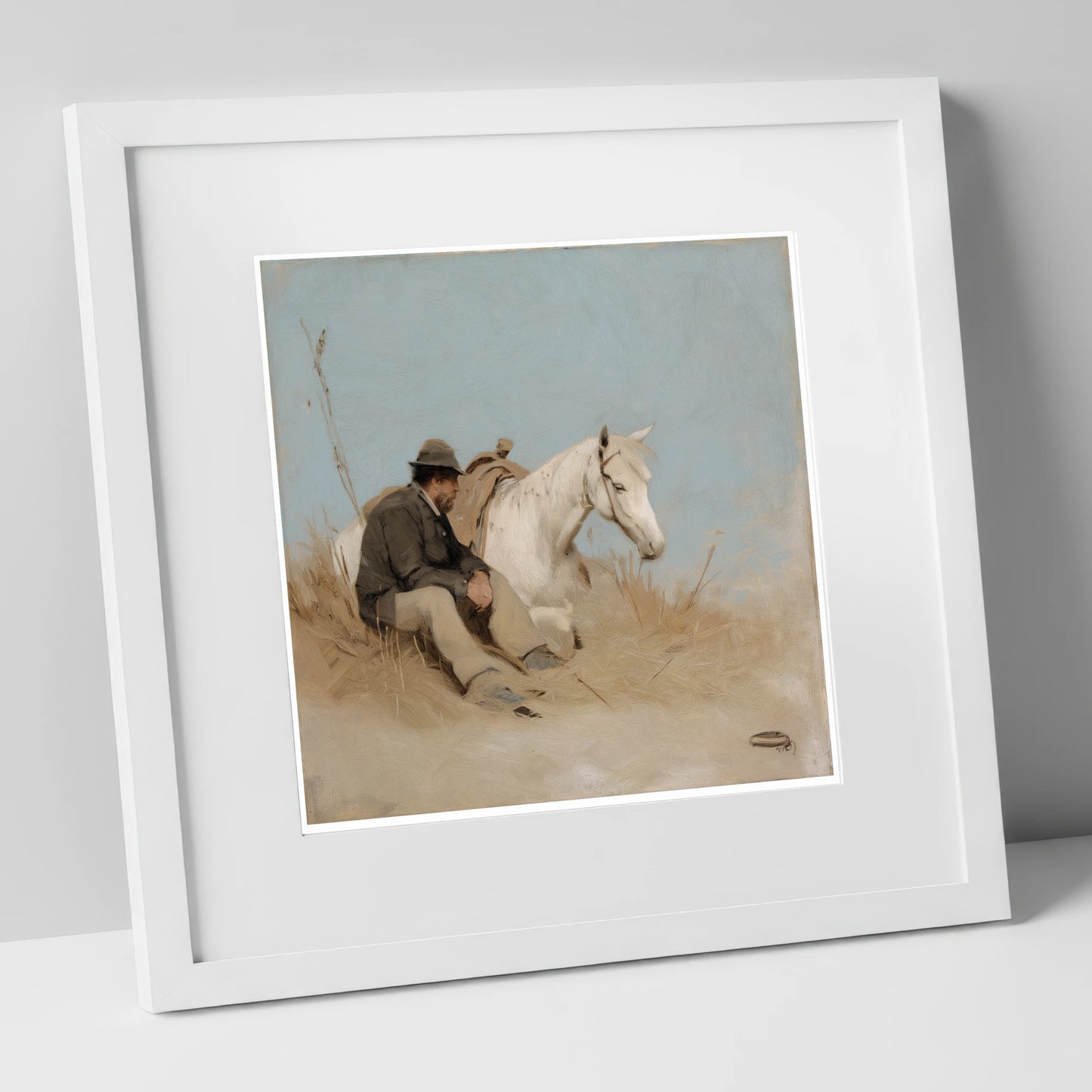 The Journey's Pause horse & rider art print in white frame
