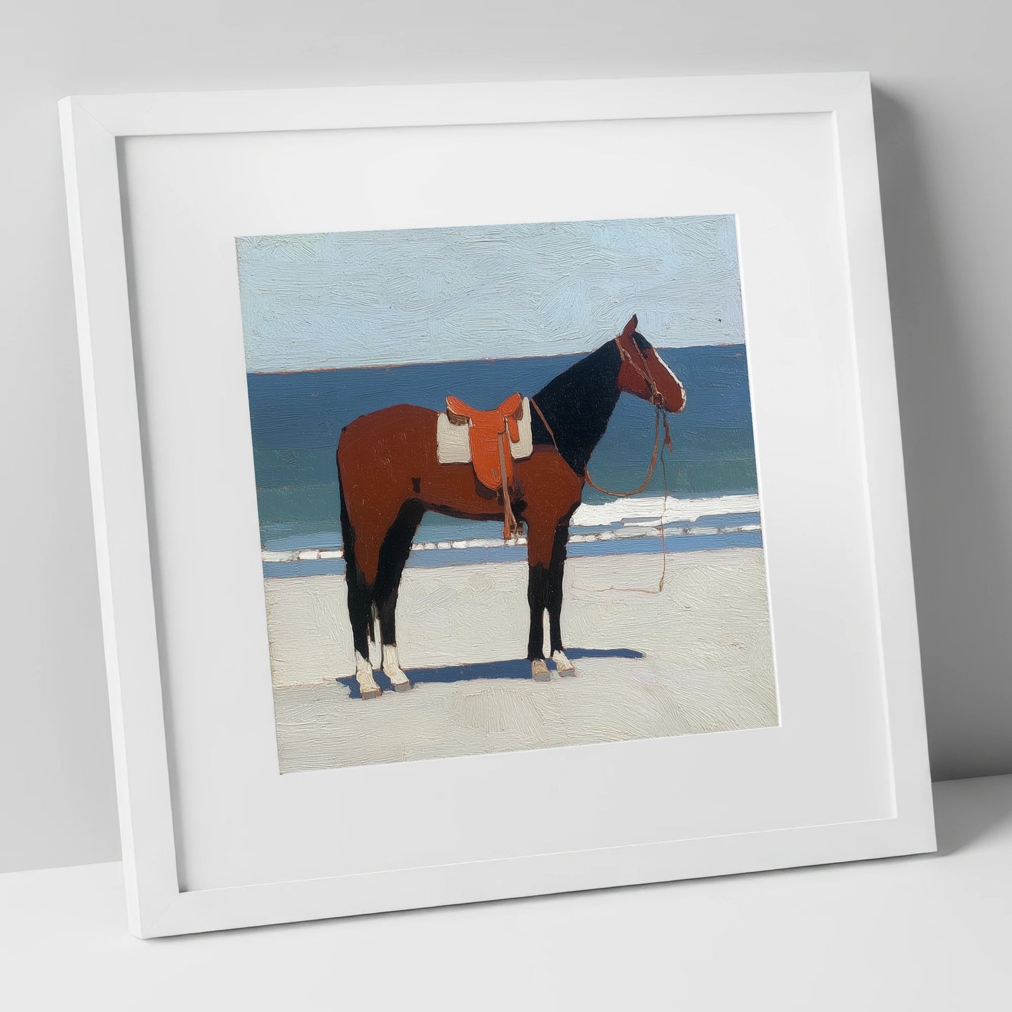 Waiting by the Tide horse landscape art print in white frame