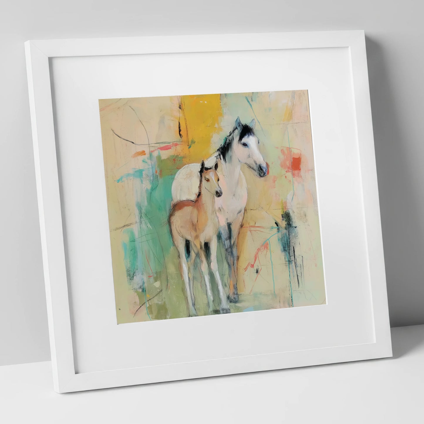 Gentle Guardianship mare & foal art print in white frame