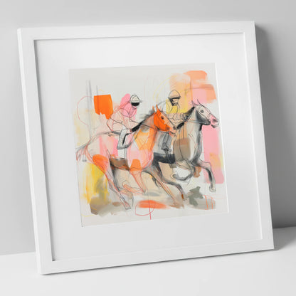 Vibrant Final Furlong racing horse art print in white frame