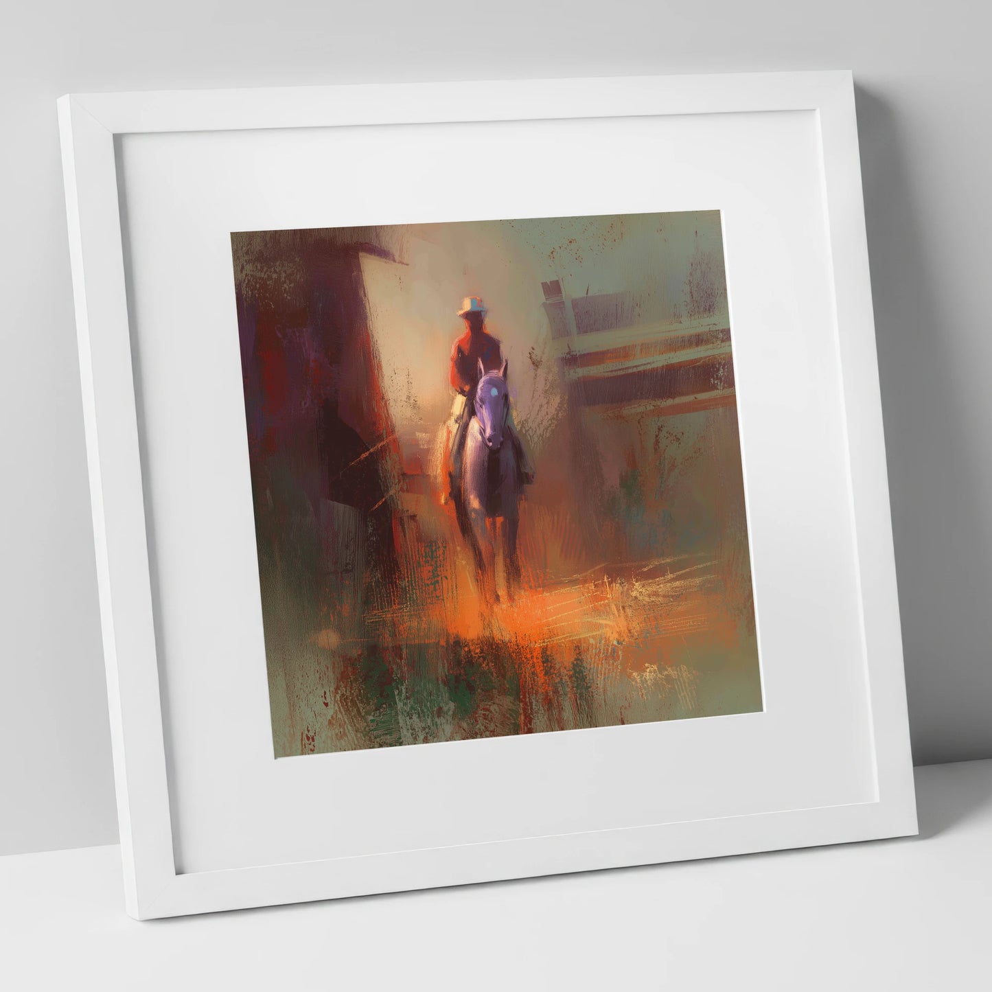 First Light Rider racing horse art print in white frame