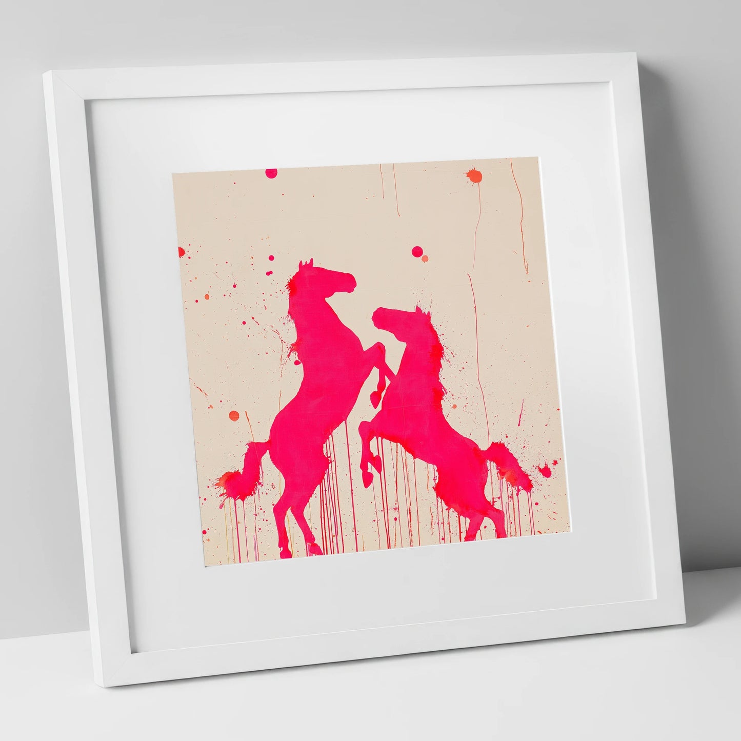 Magenta Equine Dance wild horses art print in white frame
