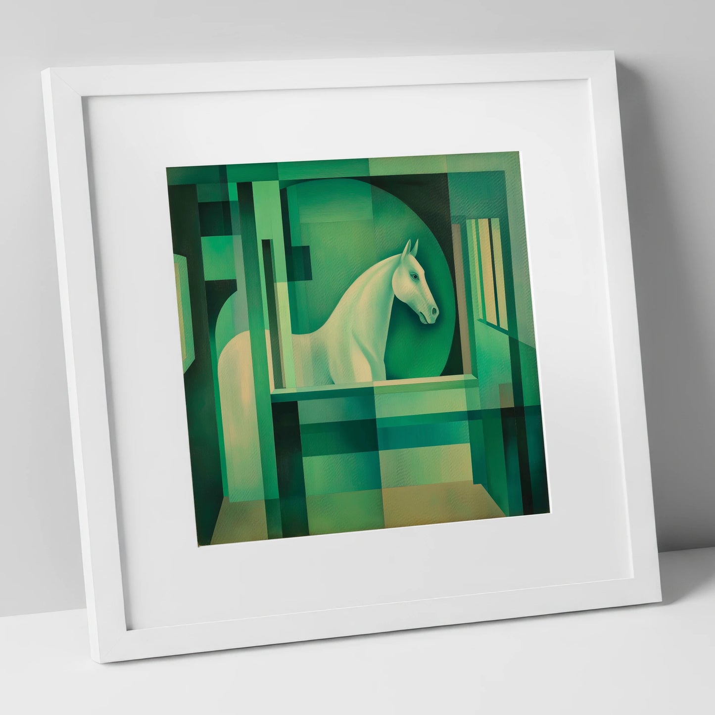 Emerald Stall Gaze horse stable art print in white frame