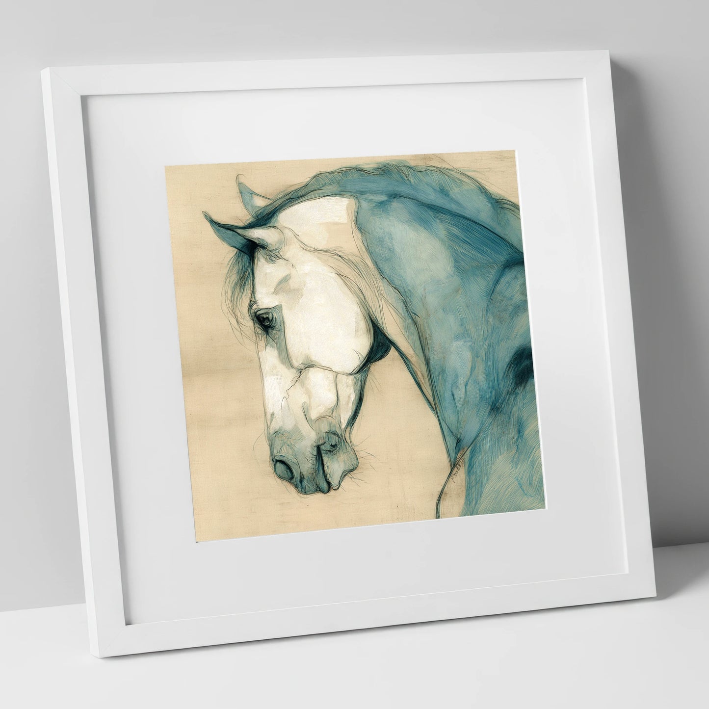Teal Equine Study horse portrait art print in white frame