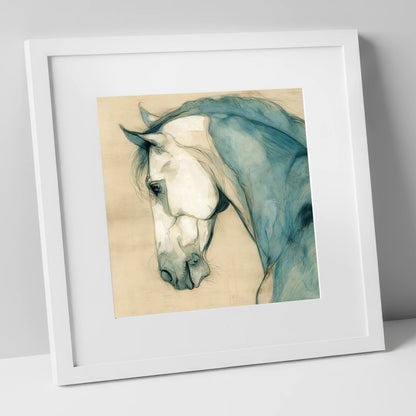 Teal Equine Study horse portrait art print in white frame