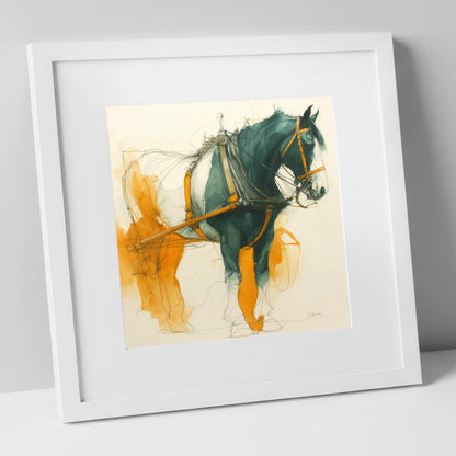 Teal and Amber Draft working horse art print in white frame