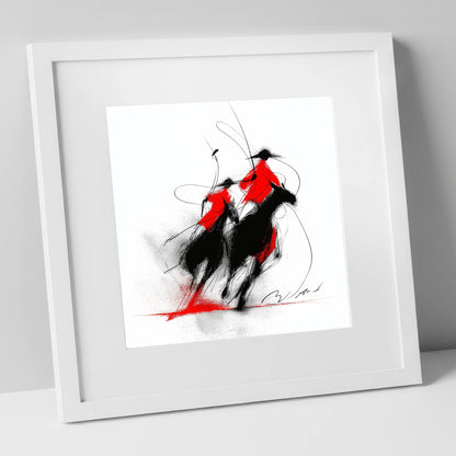 The Crimson Chukka polo horse art print in white frame