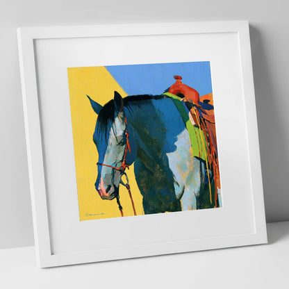 Western Horse in Blue and Yellow horse breed art print in white frame