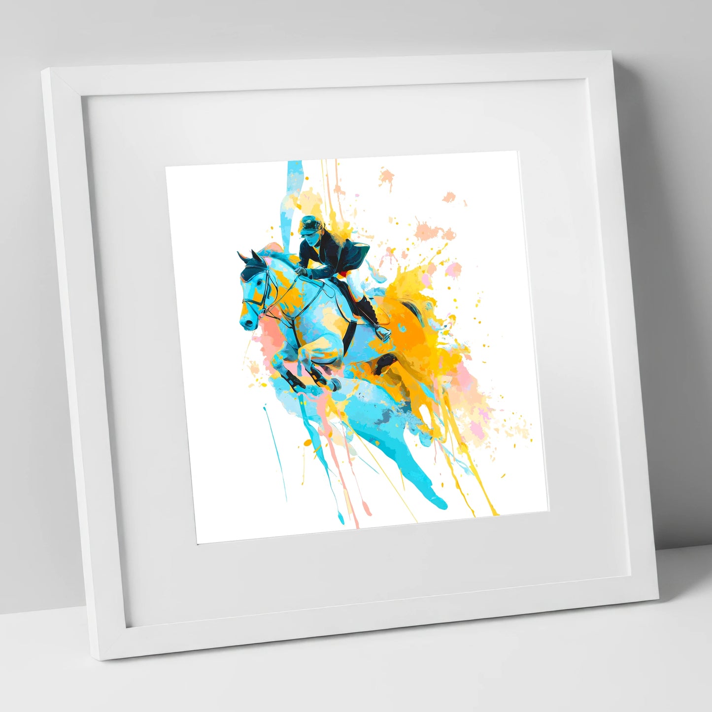 Airborne In Colour show jumping horse art print in white frame