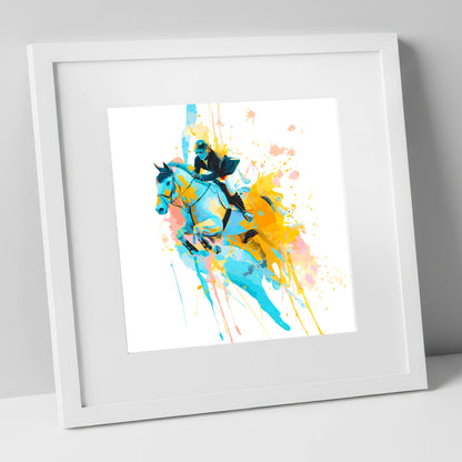 Airborne In Colour show jumping horse art print in white frame