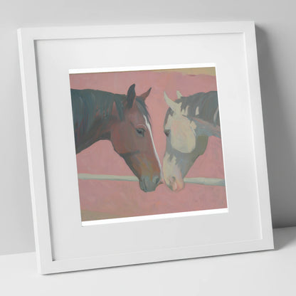 Quiet Companions horse portrait art print in white frame