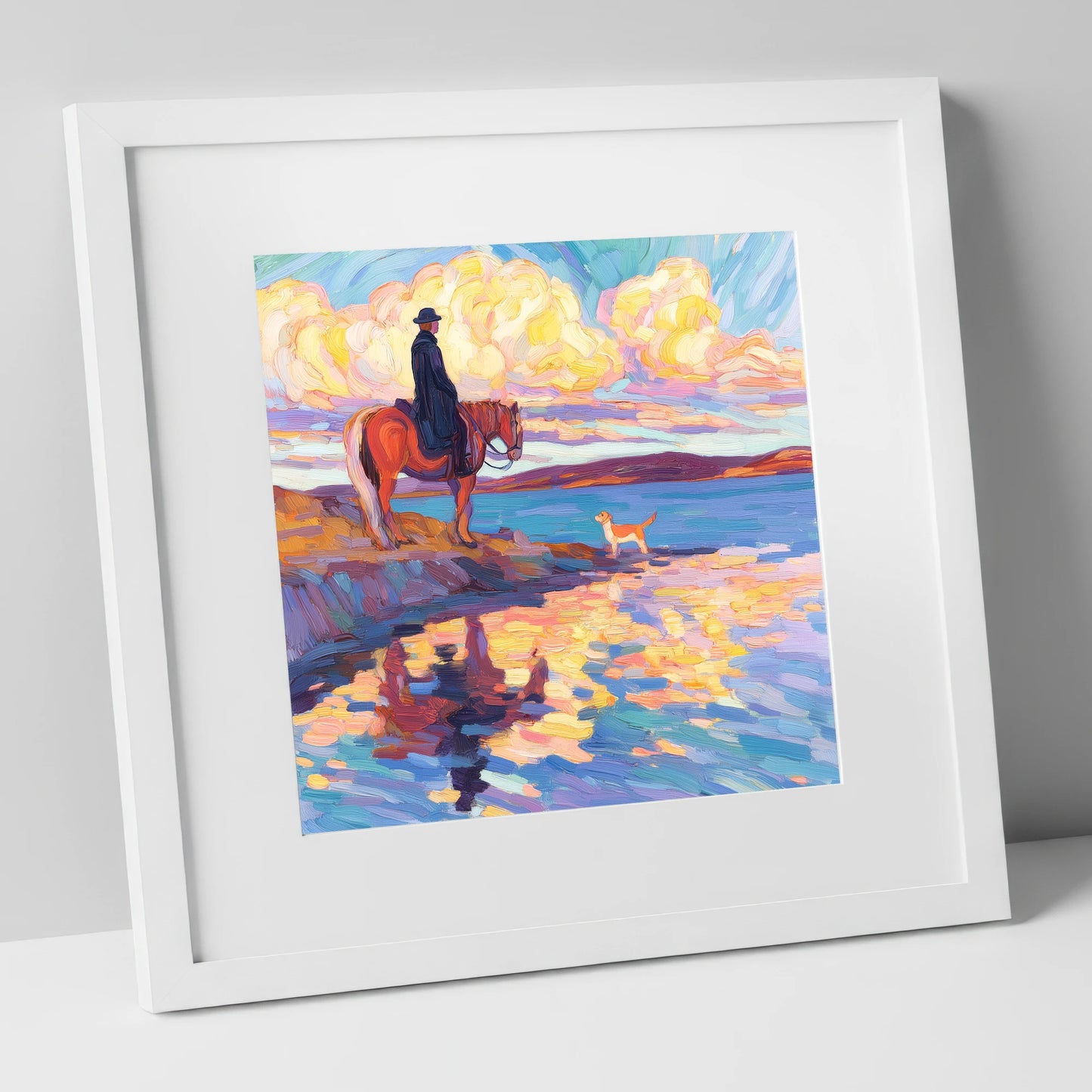 Evening Tide Halt beach horse art print in white frame