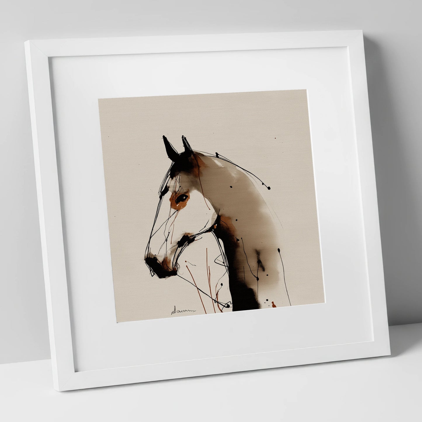 Sepia Ink Silhouette horse portrait art print in white frame