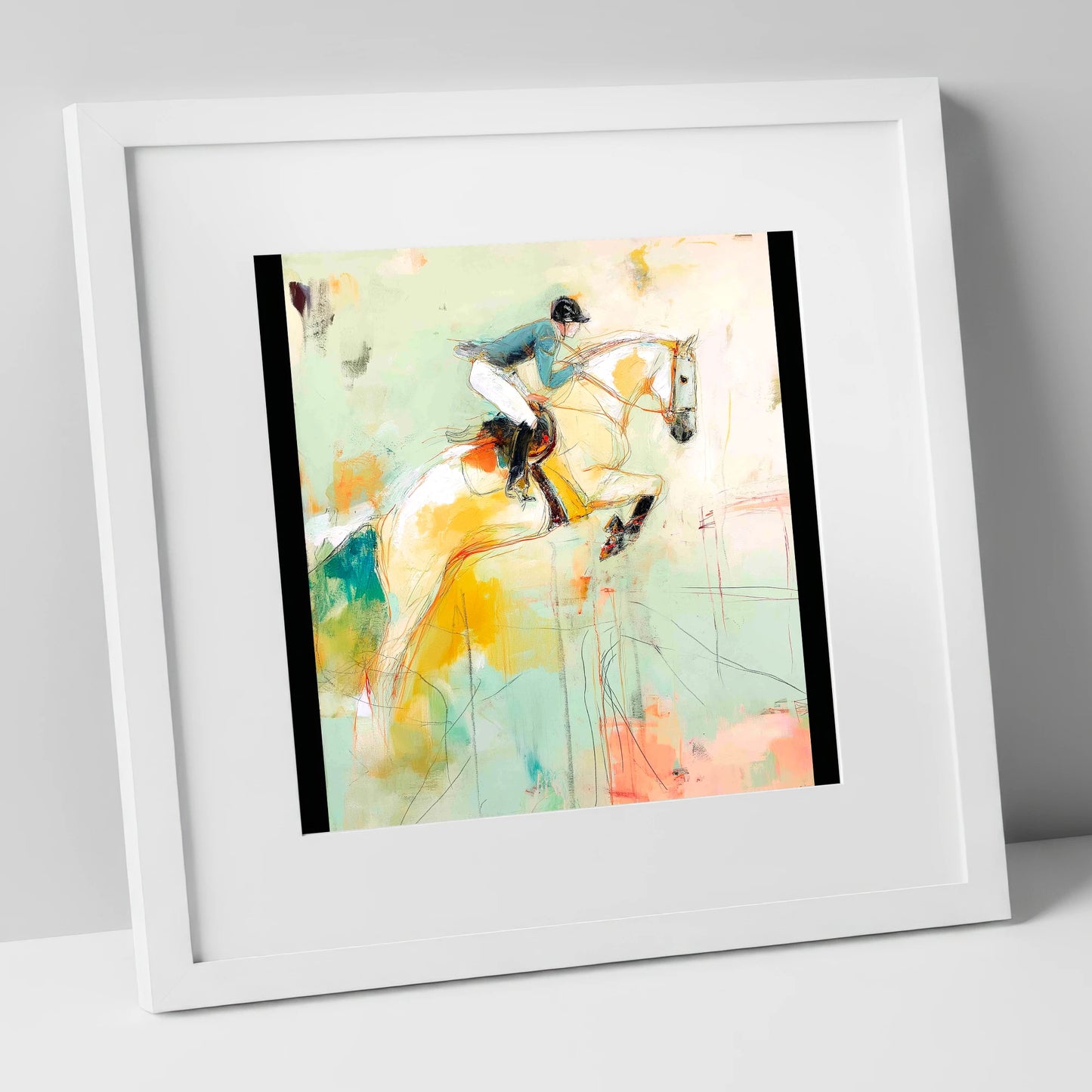 The Perfect Stride show jumping horse art print in white frame