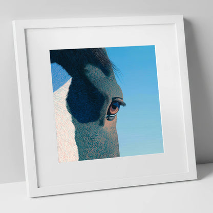 Stillness in Blue horse portrait art print in white frame